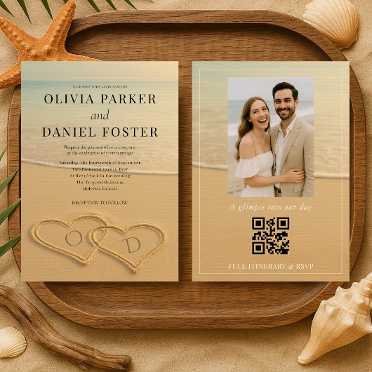 Beach Sand Hearts Tropical Photo QR Code Wedding  Kaart