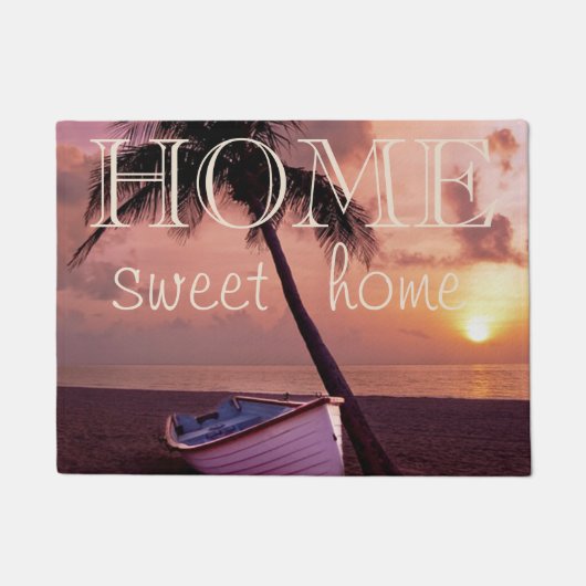 Beach, Sand, Palm, Boat, Sunset, Home Sweet Home Deurmat (Voorkant)
