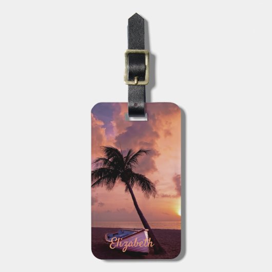 Beach, Sand, Palm, Boat, Sunset-Personalized Bagagelabel (Voorkant verticaal)