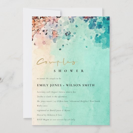 BEACH SAND ROCK WATERVERF COUPLE SHOWER INVITE BEDANKKAART (Voorkant)