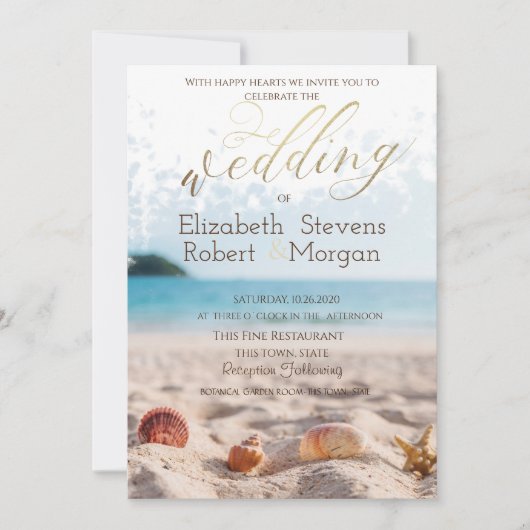 Beach, Sand, Seashells Wedding Kaart (Voorkant)