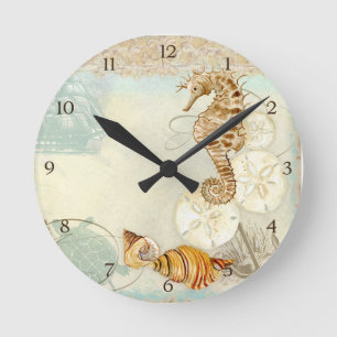 Beach Sand Seashore Collage Turtle Zee Horse Shell Ronde Klok