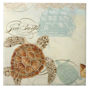 Beach Sand Seashore Collage Turtle Zee Horse Shell Tegeltje
