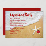Beach Sand Starfish kerstparty uitnodiging<br><div class="desc">Kieuwzand,  tropische kerstfeestdag sjabloon. Vet,  rood lettertype wordt afgedrukt op surf en zand afbeelding. Een witte zeester met rood ornament versiert de onderhoek. Het omgekeerde is stevig,  donkerrood. Het veranderen van de grootte kan de blik van het ontwerp veranderen.</div>