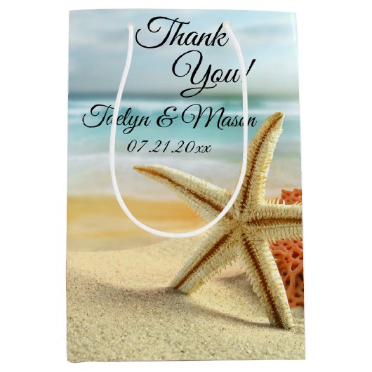 Beach, Sand, Starfish Weddenschap Bedankt Medium Cadeauzakje (Voorkant)