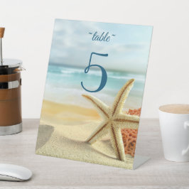 Beach, Sand, Starfish Weddenschap Table Number Reclamebord Met Voetstuk
