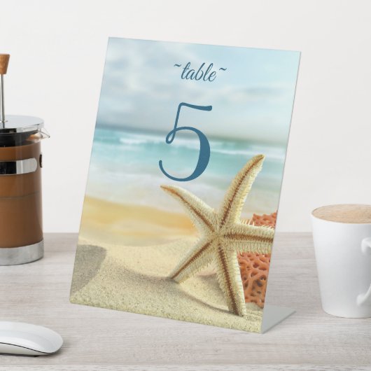 Beach, Sand, Starfish Weddenschap Table Number Reclamebord Met Voetstuk (Insitu)
