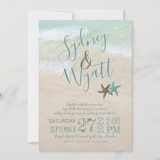 Beach Sand Typography Starfish Wedding Invitation Kaart (Voorkant)