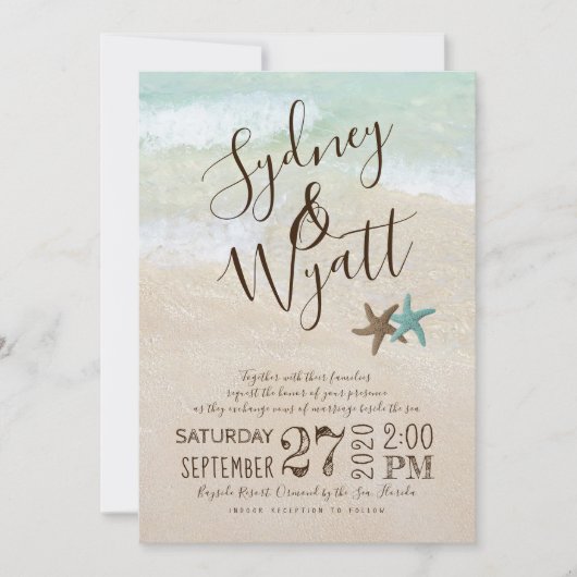 Beach Sand Typography Starfish Wedding Invitation Kaart (Voorkant)