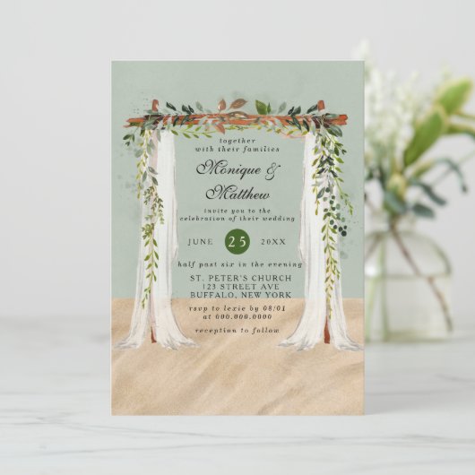 Beach Sand White Canopy Tropical Modern Wedding Kaart (Staand voorkant)