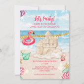Beach Sandcastle Flamingo Birthday Party downloade Kaart (Voorkant)