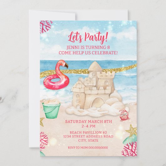 Beach Sandcastle Flamingo Birthday Party downloade Kaart (Voorkant)