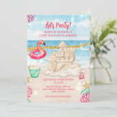 Beach Sandcastle Flamingo Birthday Party downloade Kaart (Staand voorkant)