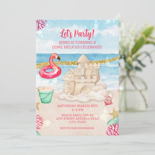 Beach Sandcastle Flamingo Birthday Party downloade Kaart (Staand voorkant)
