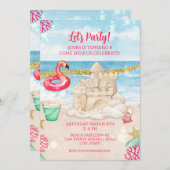 Beach Sandcastle Flamingo Birthday Party downloade Kaart (Voorkant / Achterkant)