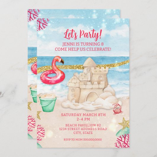 Beach Sandcastle Flamingo Birthday Party downloade Kaart (Voorkant / Achterkant)