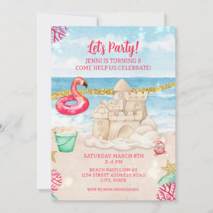 Beach Sandcastle Flamingo Birthday Party downloade Kaart
