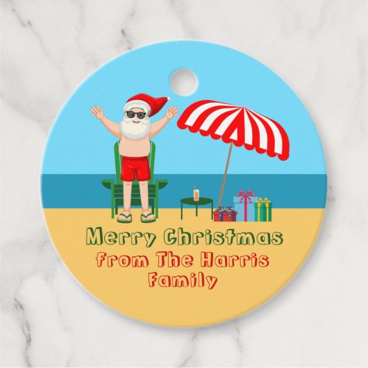 Beach Santa Claus Custom Sunny kerstparty Bedankjes Labels (Voorkant)