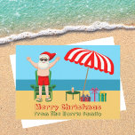 Beach Santa Claus Cute Custom Sunny Kerstny Feestdagenkaart<br><div class="desc">Deze schattige kerstkaart maakt het perfecte briefkaart voor warm weer op het zwembad of strand. Maak het een leuke noordpool, de extravaganza met de kerstman in zijn zwembroek naast een rode en witte gestreept strandparaplu en cadeautjes. Ik heb de heer Klaus nog nooit eerder in een badpak gezien! De groene...</div>