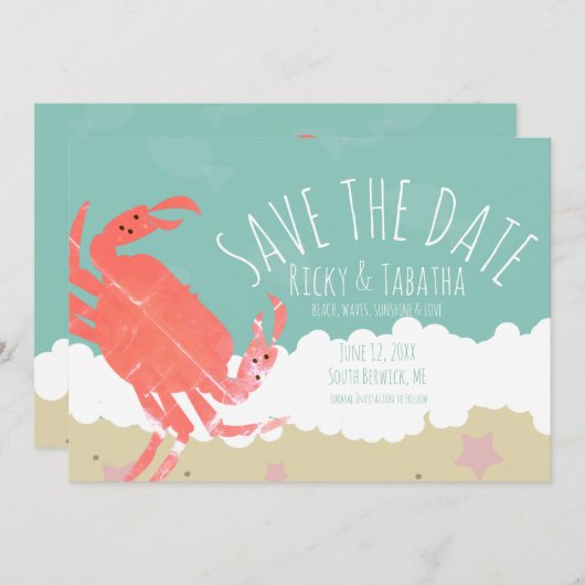 Beach Save the Date Crab Sand Ocean Waves Kaart (Voorkant / Achterkant)
