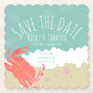 Beach Save the Date Crab Sand Ocean Waves Kartonnen Onderzetters