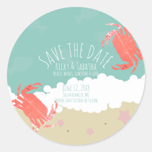 Beach Save the Date Crab Sand Ocean Waves Ronde Sticker