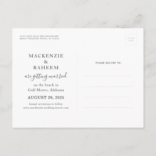 Beach Save the Date en we worden getrouwd Anno Aankondigingskaart (Achterkant)