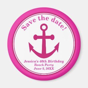 Beach Save the Date Magnet Pink Anchor Birthday