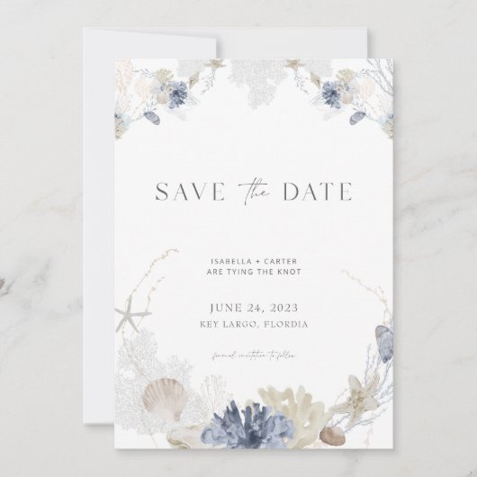 Beach Save the Date with Photo in Blue + Cream Kaart (Voorkant)