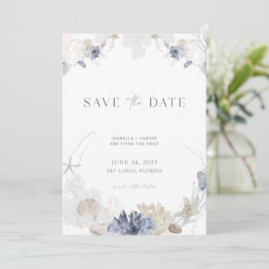 Beach Save the Date with Photo in Blue + Cream Kaart (Staand voorkant)