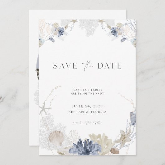 Beach Save the Date with Photo in Blue + Cream Kaart (Voorkant / Achterkant)