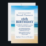 Beach Scene 16th Birthday Party Invitation Kaart<br><div class="desc">Zeer moderne uitnodiging voor een verjaardagsfeestje op het strand. De hemel, de horizon, de oceaan en het strand vormen allemaal zeer kleurenbanden. Een witte rechthoek laat u alle noodzakelijke details van de 16de verjaardagspartij schrijven. Ik koos ervoor om de blauwe letters modern en eenvoudig te maken. U kunt de doopvont...</div>