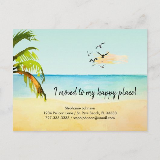 Beach Scene ik naar mijn Happy Place New Address v Aankondigingskaart (Voorkant)