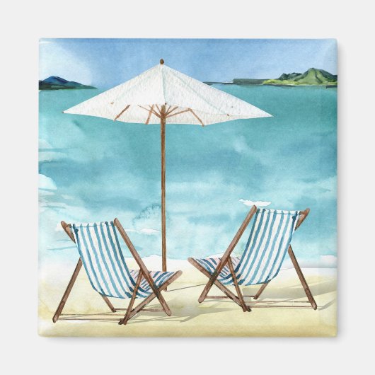 Beach Scene met twee strandstoelen en paraplu's Magneet (Voorkant)