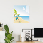 Beach scene met Umbrella, palmbomen en strand Poster (Thuiskantoor)