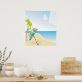 Beach scene met Umbrella, palmbomen en strand Poster (Keuken)