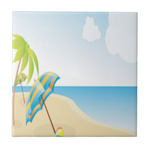 Beach scene met Umbrella, palmbomen en strand Tegeltje