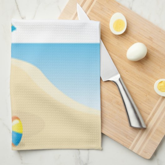 Beach scene met Umbrella, palmbomen en strand Theedoek (Quarter Fold)