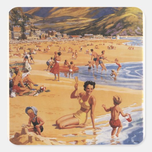 Beach Scene Moeder en Kinder British Rail Vierkante Sticker (Voorkant)