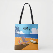 Beach scene, surfer, stoeltje, oranje en blauw tote bag (Voorkant)