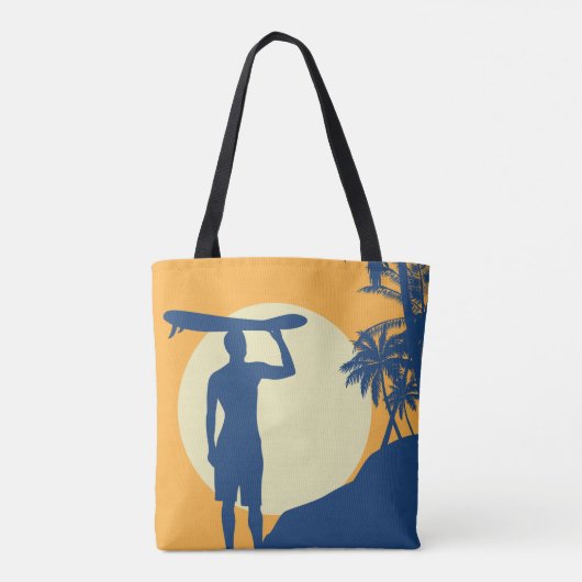 Beach scene, surfer, stoeltje, oranje en blauw tote bag (Achterkant)