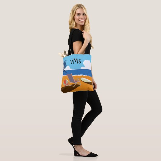 Beach scene, surfer, stoeltje, oranje en blauw tote bag (Op model)