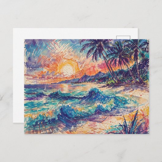 Beach Scribbles - Line Art Style Landscape Briefkaart (Voorkant / Achterkant)