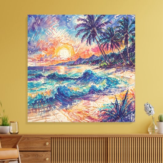 Beach Scribbles - Line Art Style Landscape Canvas Afdruk (Insitu (Woonkamer))