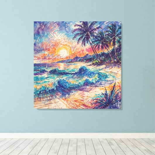 Beach Scribbles - Line Art Style Landscape Canvas Afdruk (Insitu (Houten vloer))