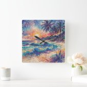 Beach Scribbles - Line Art Style Landscape Vierkante Klok (Huis)