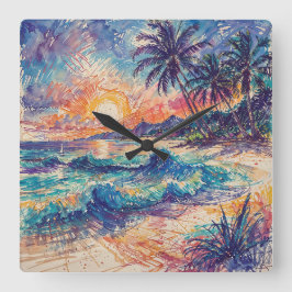 Beach Scribbles - Line Art Style Landscape Vierkante Klok