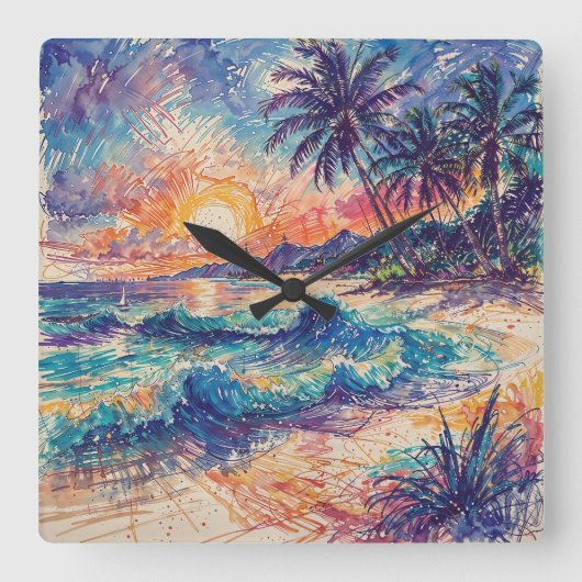 Beach Scribbles - Line Art Style Landscape Vierkante Klok (Voorkant)