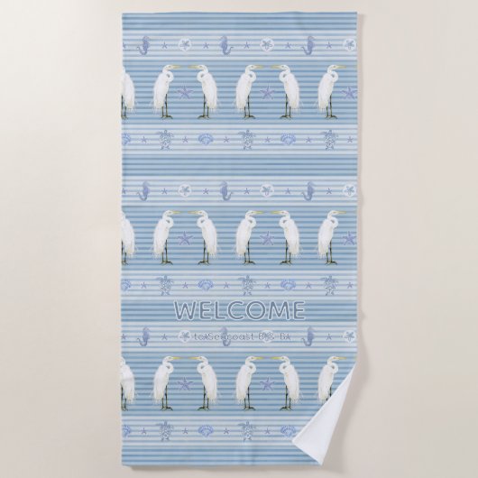 Beach Sea Turtle Seahorse Egret Blue Personalized Strandlaken (Voorkant)