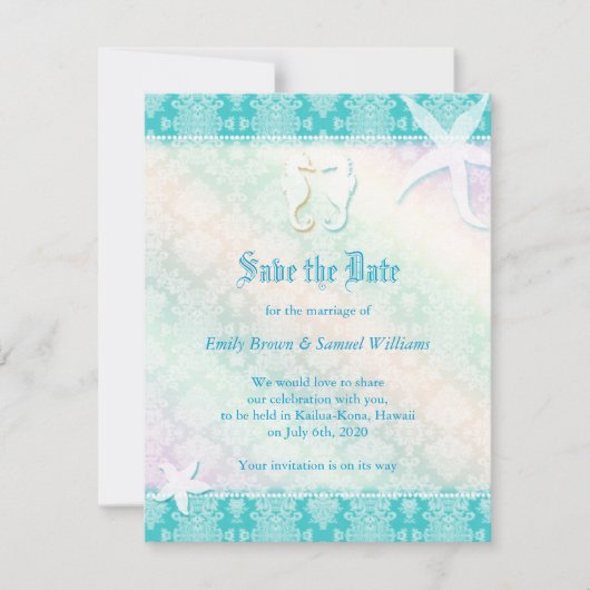 Beach Seahorse Aqua Wedding Save the Date (Voorkant)